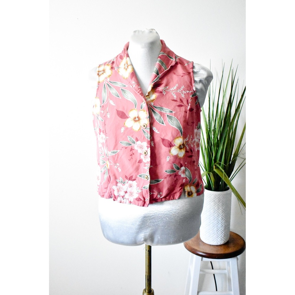 La Cabana Floral Sleeveless Top Women Large Pink Y2K Tropical Button Up Rayon